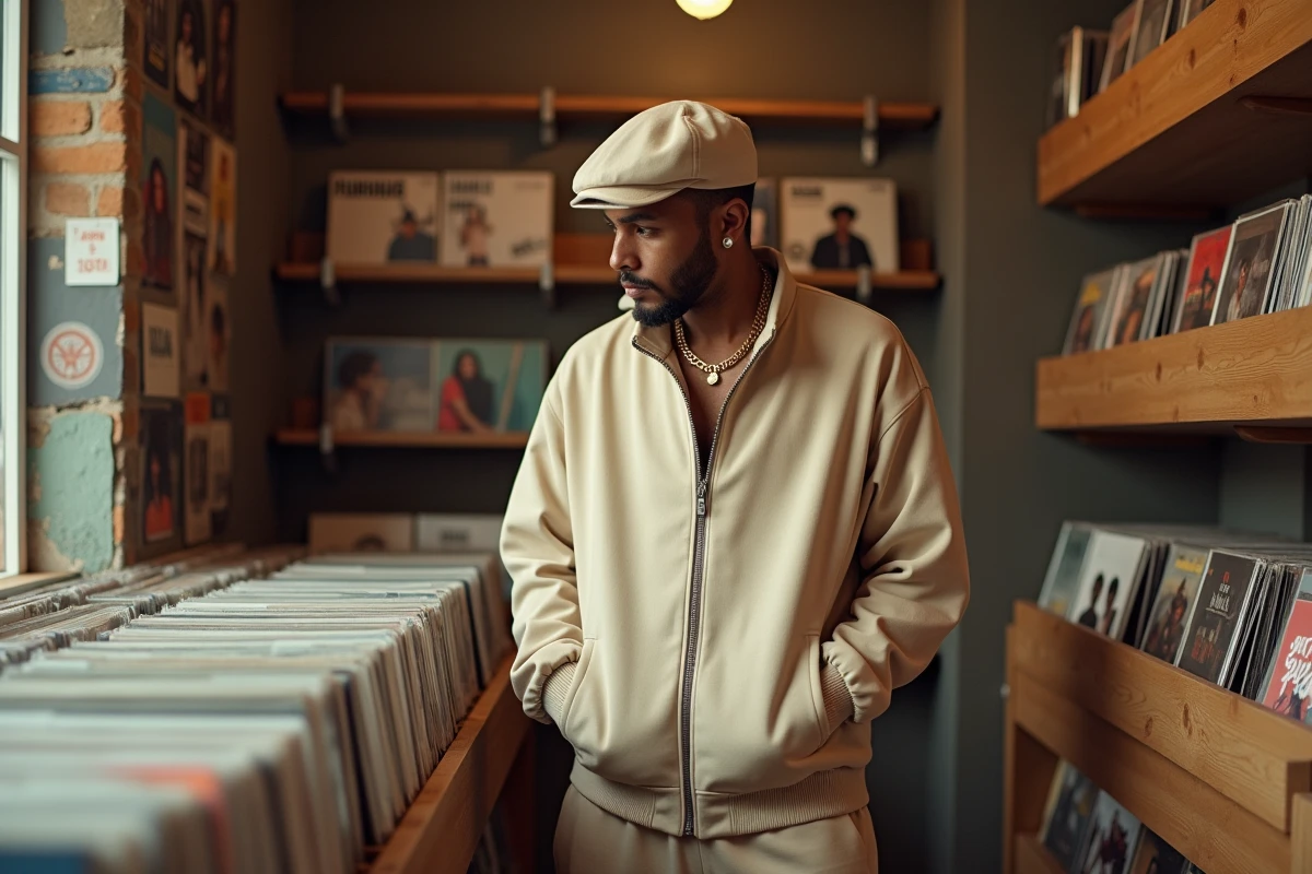 Artiste de hip-hop français en tenue monochrome beige explorant des vinyles dans un magasin de musique indépendant