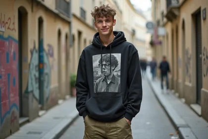Jeune rappeur français en tenue streetwear oversized dans une rue parisienne, style urbain décontracté