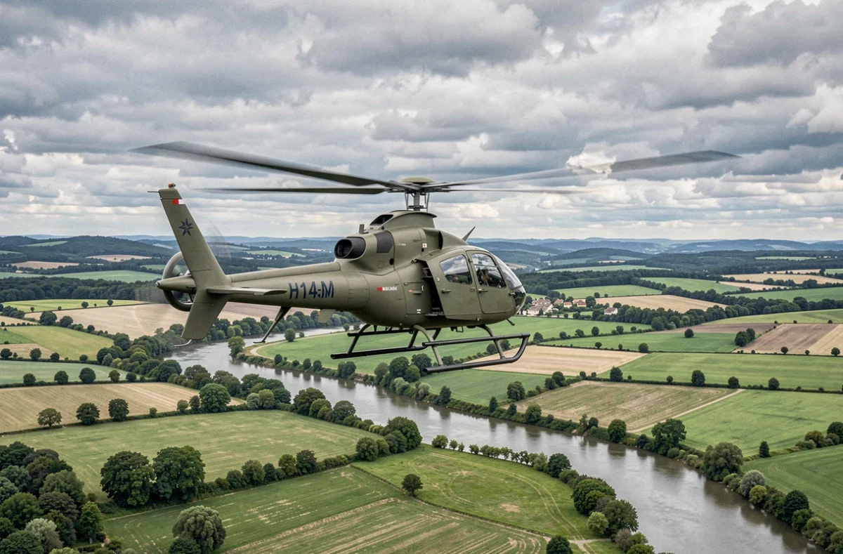 Hélicoptère militaire français H145M en vol au-dessus de la campagne française lors d'une mission d'entraînement