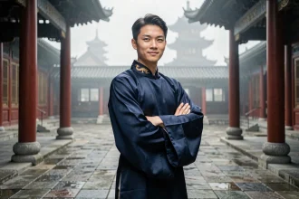 Jeune homme en robe de style hanfu dans une cour impériale brumeuse, évoquant un héros de manhua invincible