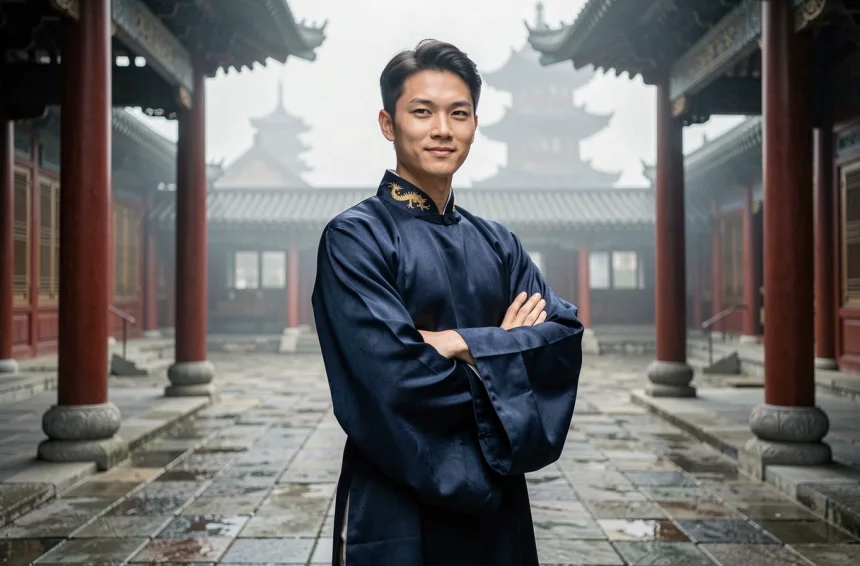 Jeune homme en robe de style hanfu dans une cour impériale brumeuse, évoquant un héros de manhua invincible