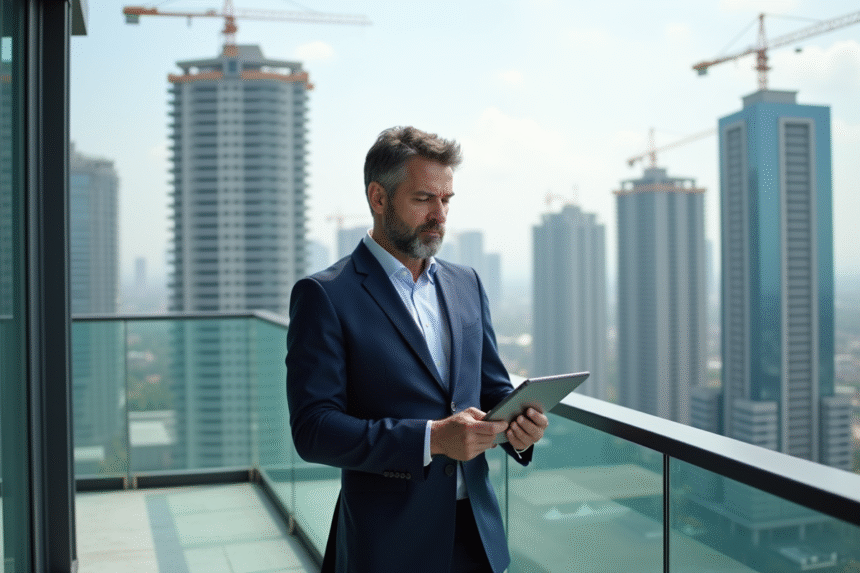 Homme en costume regardant des données immobilières en ville