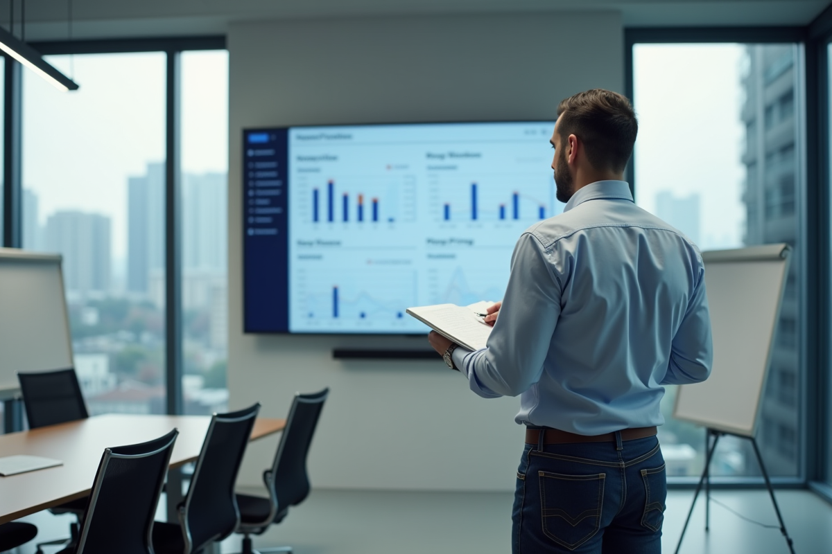 Homme analysant des données sur un grand écran