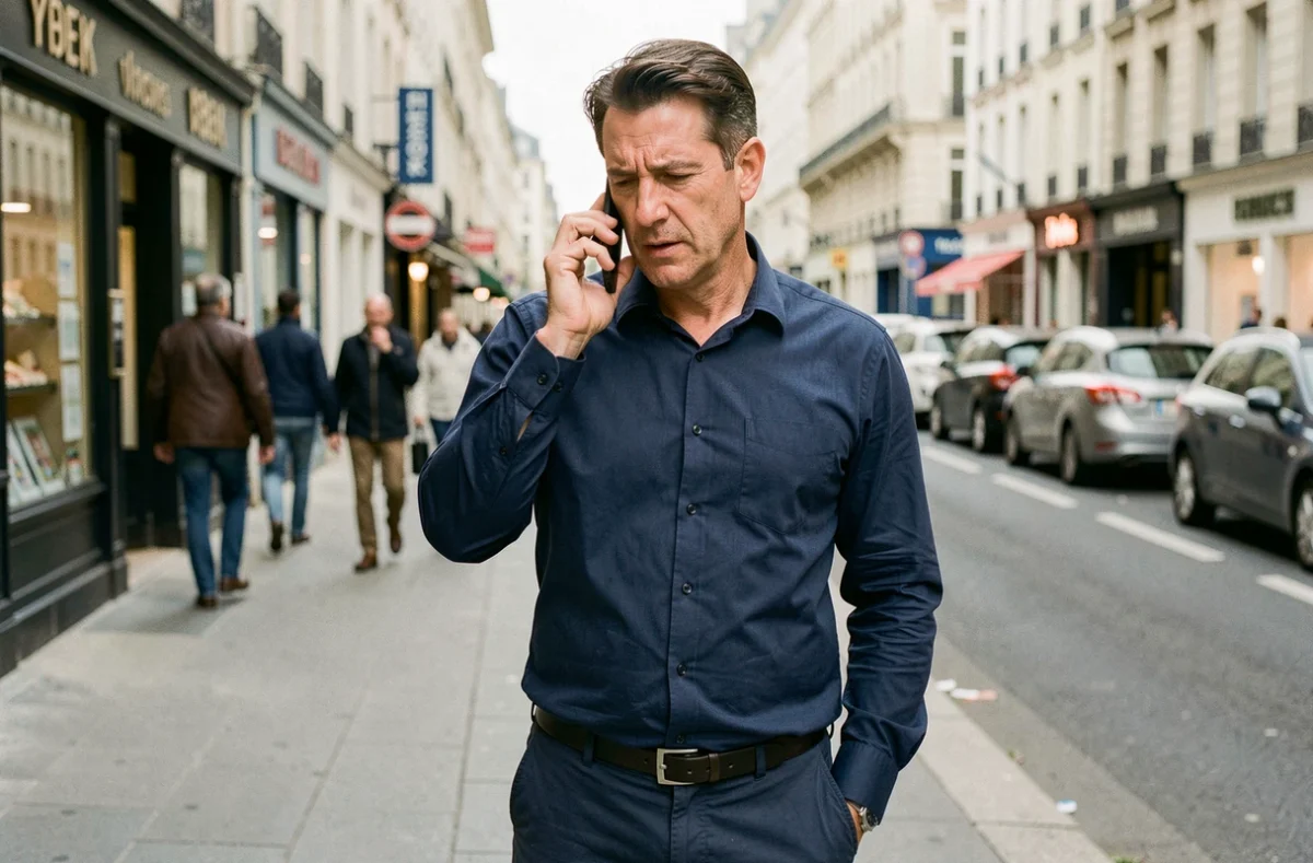 Homme utilisant le service 118 712 sur mobile dans une rue commerçante en ville