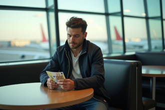 Jeune homme comptant des euros à l'aéroport