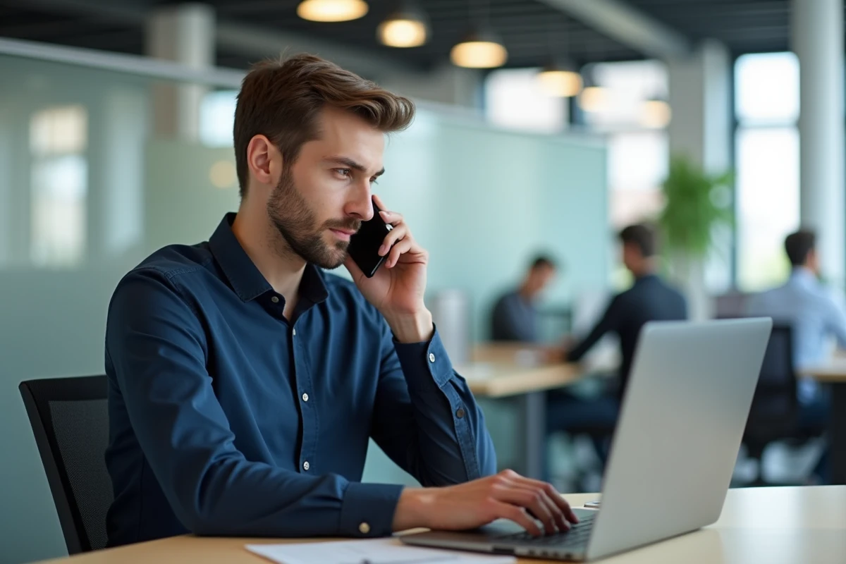 Homme en bureau contactant le service clients Sosh par téléphone pour modifier son forfait mobile