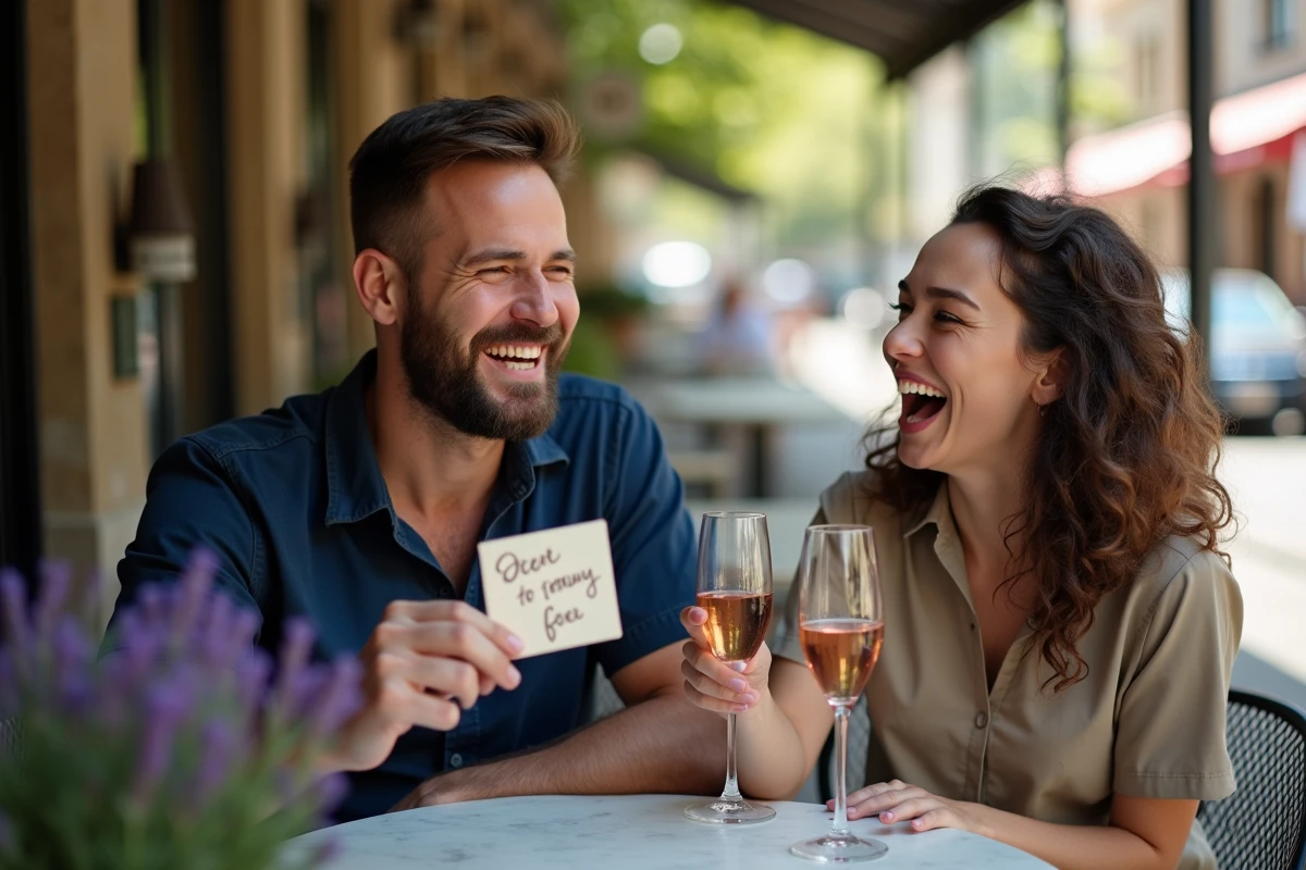 Homme tenant une carte de jeu de mots drôle lors d'un apéro en terrasse avec amis
