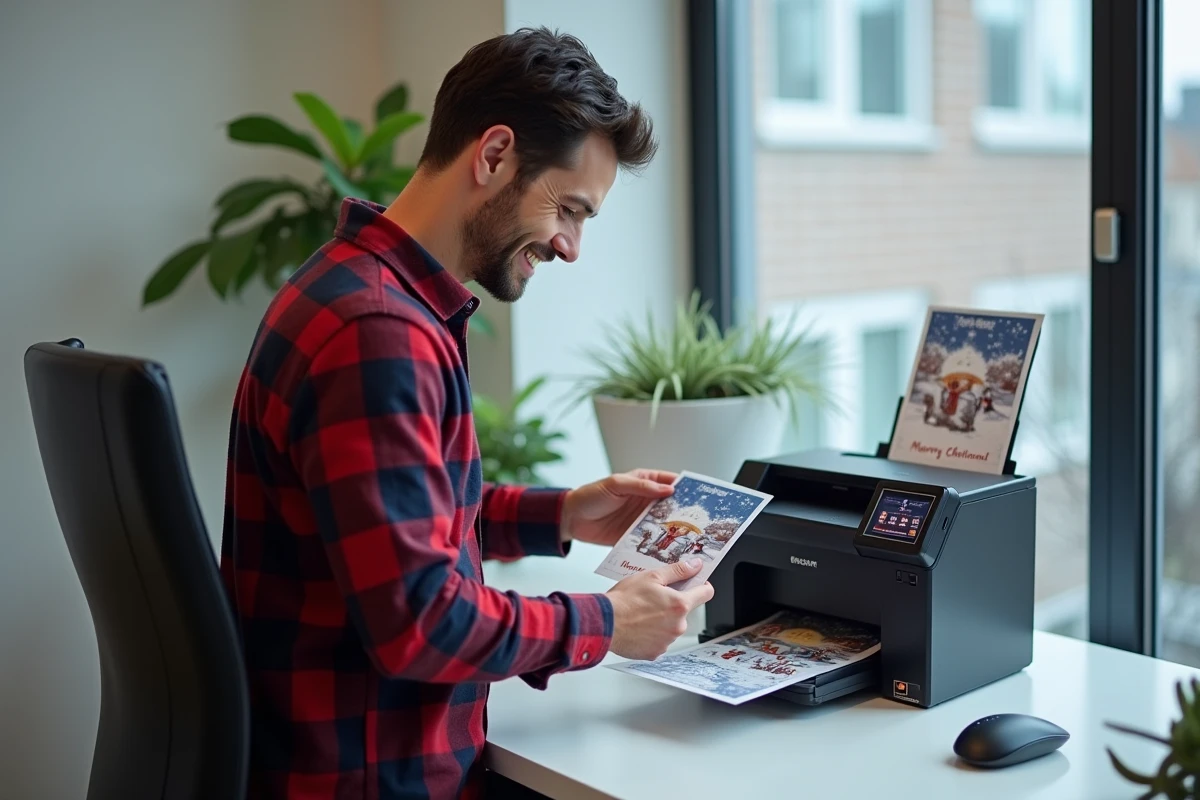 Homme inspectant une carte de Noël laïque imprimée avec motif flocons de neige à son bureau moderne