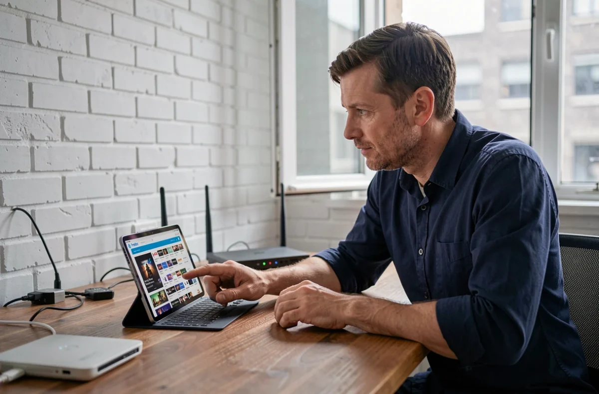 Homme consultant la liste des chaînes Freebox Pop sur une tablette dans un bureau à domicile
