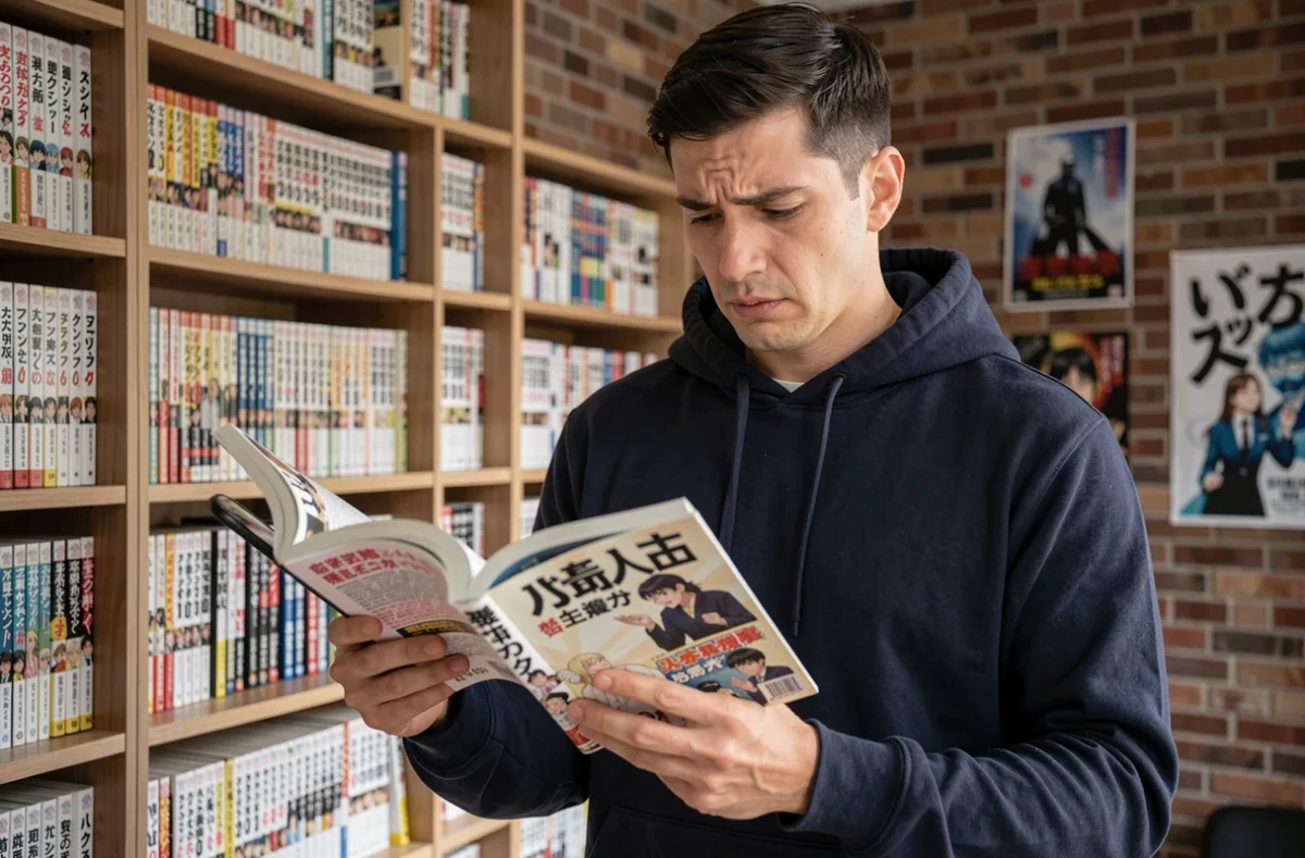 Homme comparant un manga physique et une application mobile de lecture manga dans un appartement moderne