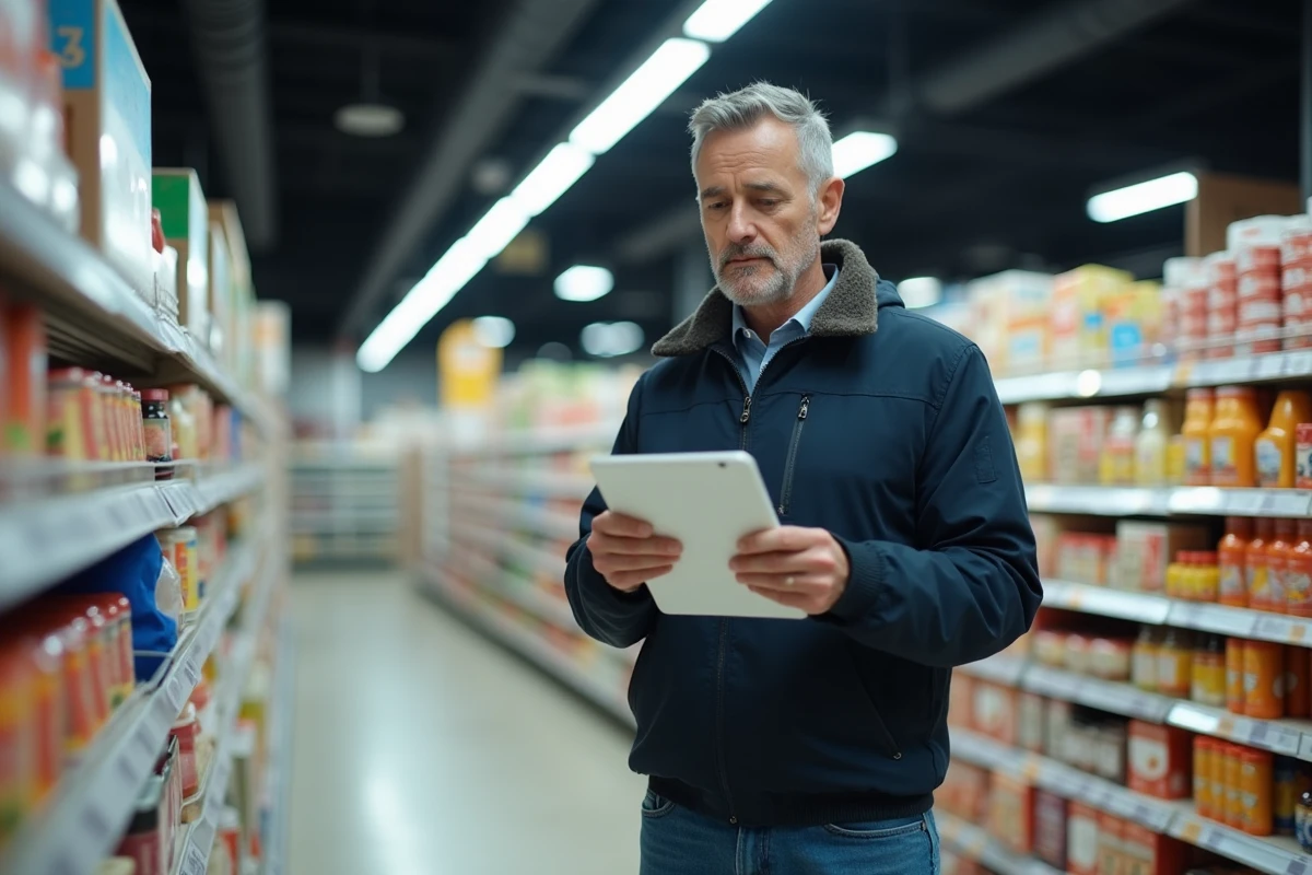 Homme comparant les prix en supermarché avec une tablette pour optimiser son budget courses