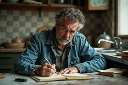 Homme d'âge moyen créant dans une cuisine urbaine désordonnée