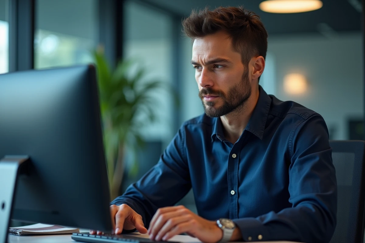 Homme ajoutant un site web en favori sur son ordinateur de bureau pour sécuriser l'accès à la bonne adresse