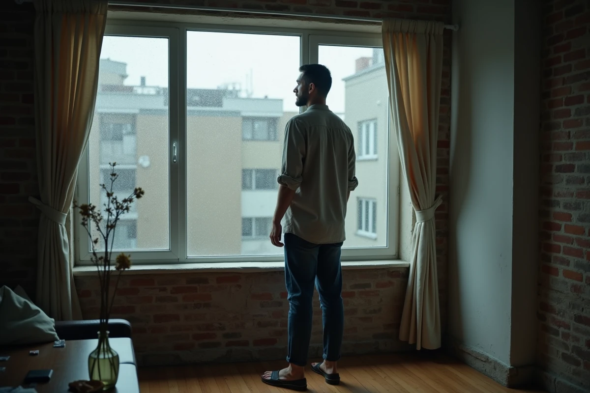 Homme debout face à une fenêtre pluvieuse dans un appartement épuré, regard perdu au loin, symbolisant la solitude et la réflexion après une rupture