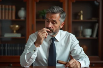 Homme d'âge moyen inspectant un cigare dans un bureau élégant