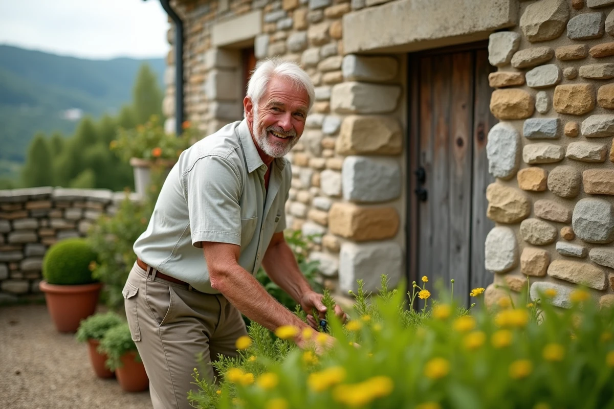Homme dans son jardin devant une maison en pierre