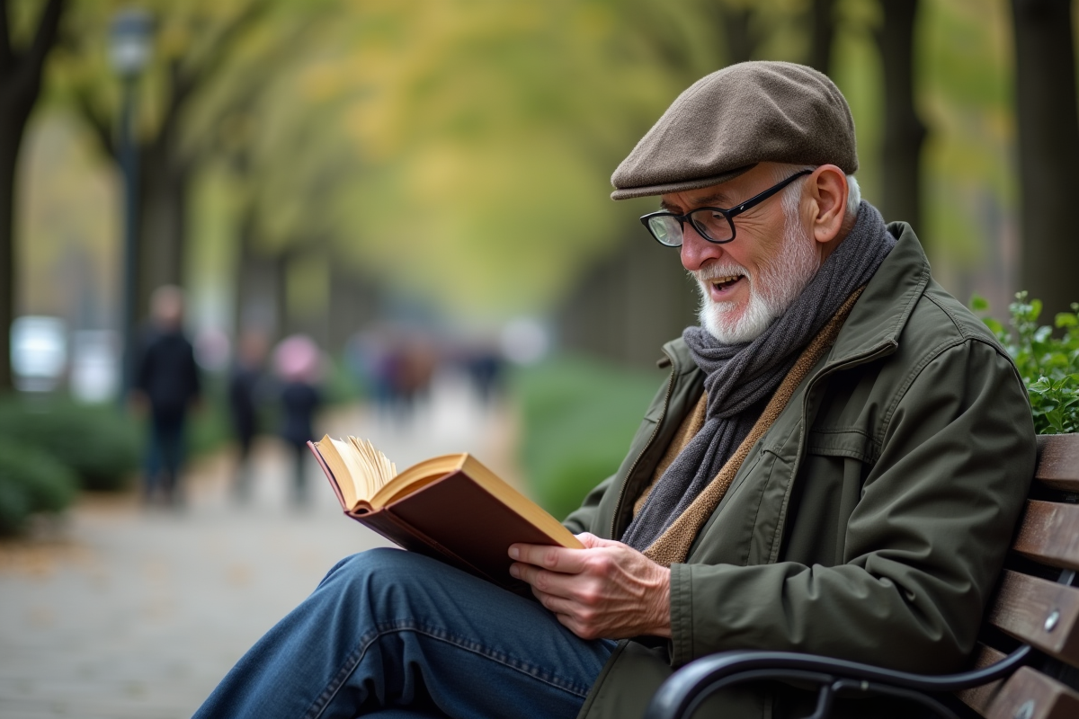 Homme âgé lisant un livre dans un parc urbain en plein air