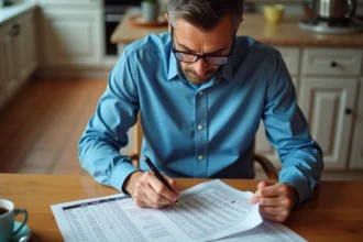 Homme d'âge moyen vérifiant résultats Keno à la maison