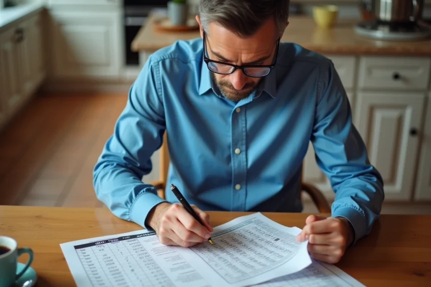 Homme d'âge moyen vérifiant résultats Keno à la maison