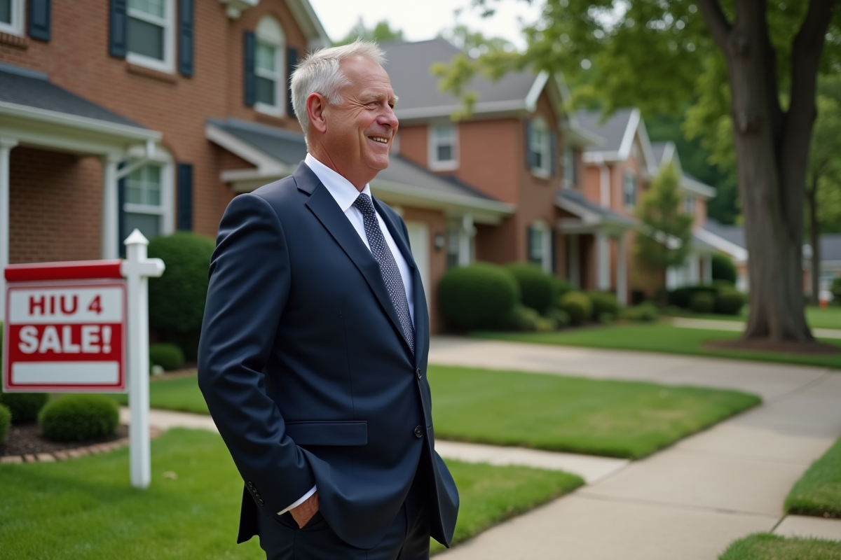 Homme en costume regarde une maison en vente devant la rue