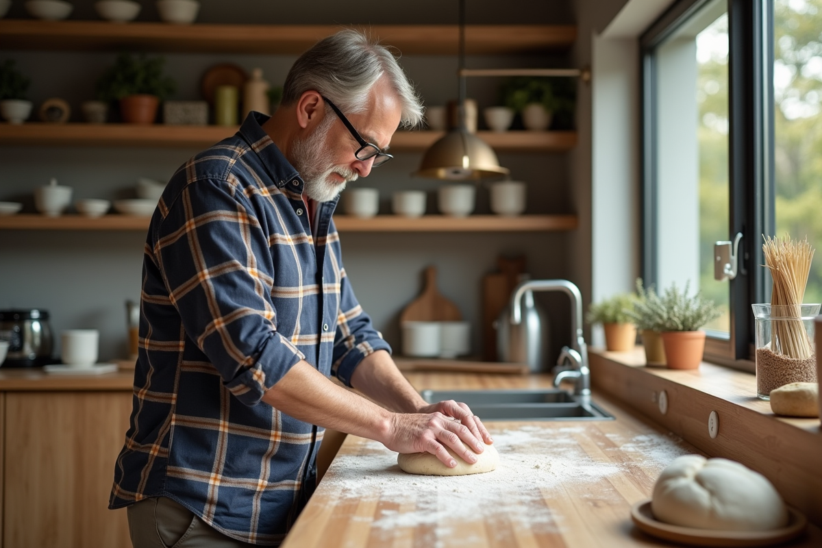 Homme façonnant de la pâte à pain dans une cuisine moderne