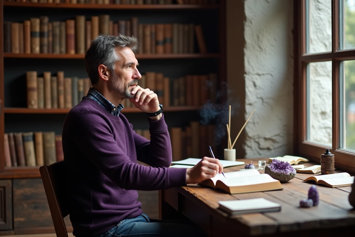Homme pensif assis à un bureau avec un cristal d'améthyste, évoquant la signification de l'aura violette