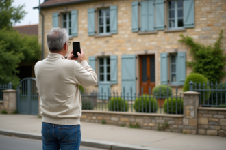 Homme en jeans prenant en photo une maison française traditionnelle