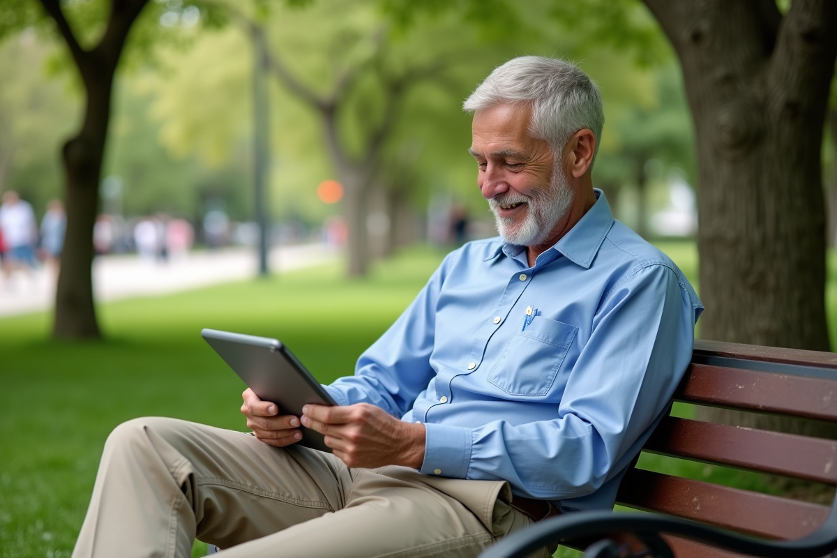 Homme retraité regardant sa tablette dans un parc urbain