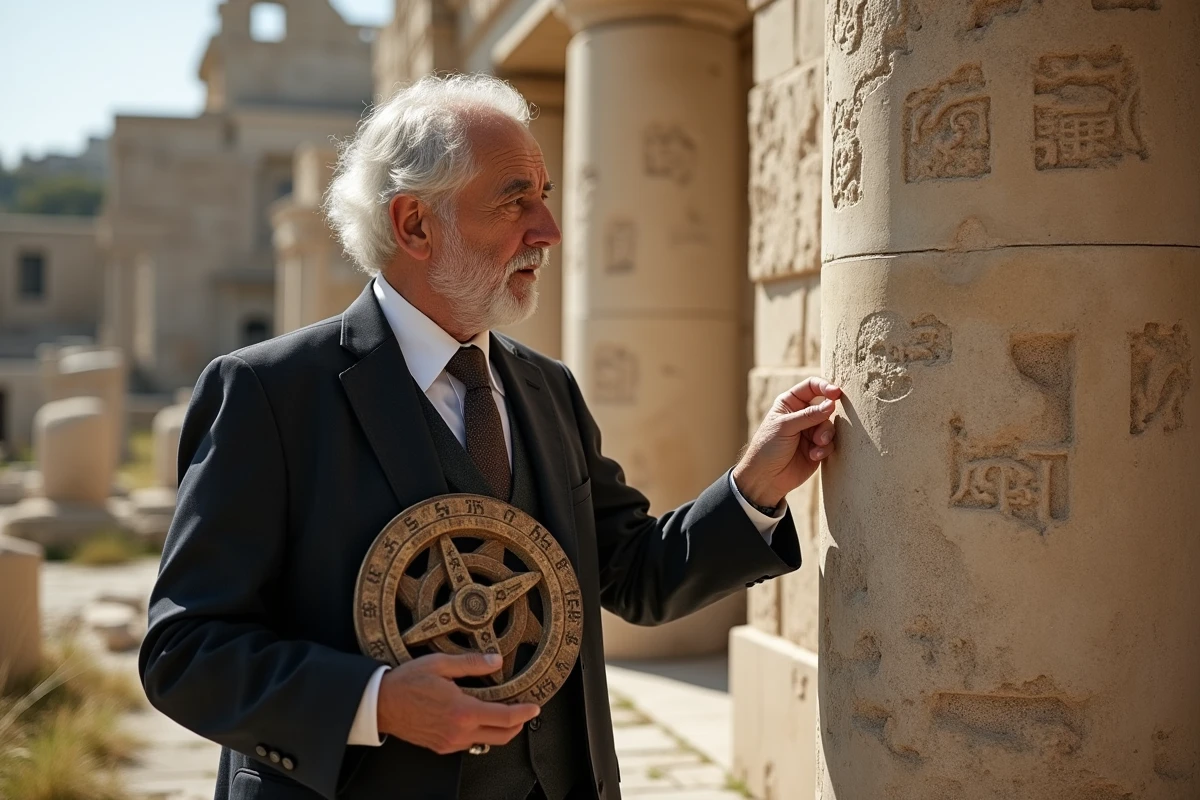 Homme âgé observant un astrological wheel dans un site archéologique