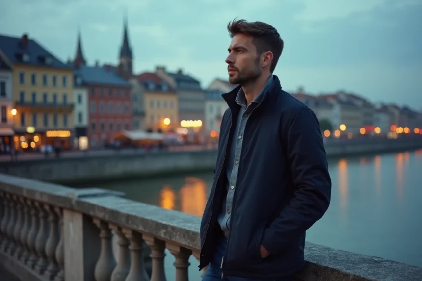 Homme seul contemplant la Saône depuis le Pont Bonaparte à Lyon le soir, avec la basilique de Fourvière en arrière-plan