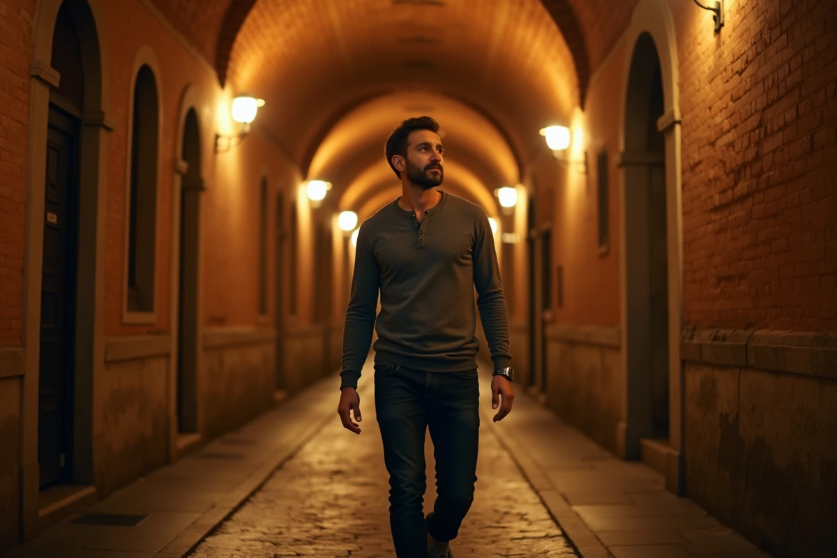 Homme seul explorant les traboules illuminées du Vieux-Lyon la nuit, entre les murs en pierre dorée