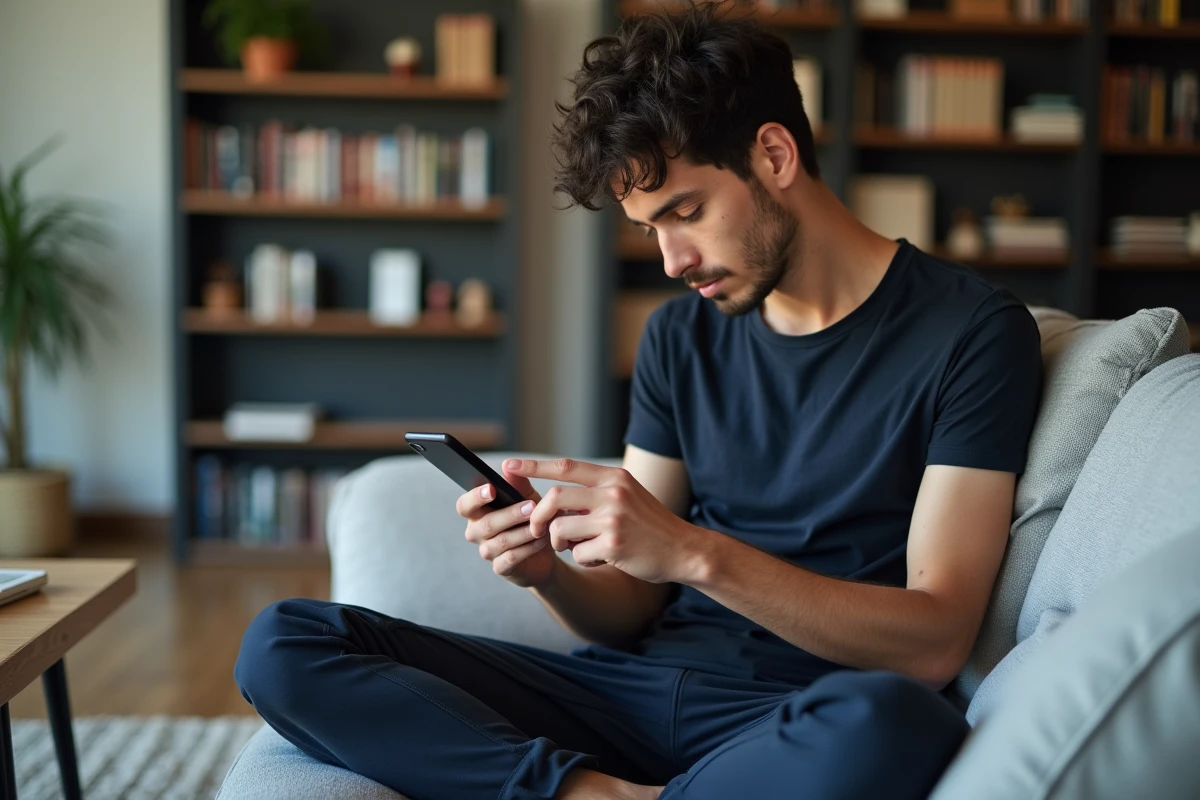 Homme consultant un site de scans manga sur son smartphone dans un salon moderne