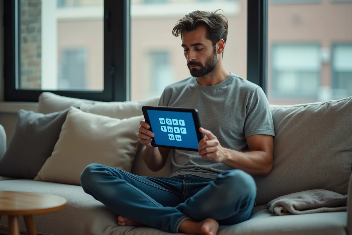 Homme utilisant une application de solver de mots sur tablette, assis sur un canapé moderne dans un salon contemporain