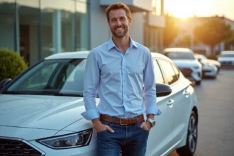 Homme souriant à côté d'une voiture hybride moderne