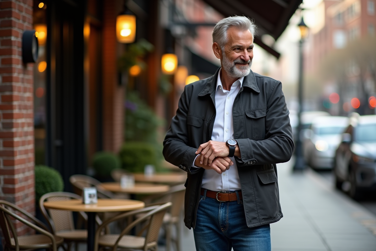 Homme ajustant sa montre dans un café de rue urbain