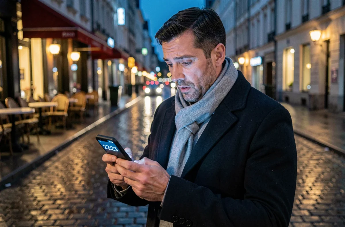 Homme dans une rue nocturne regardant son téléphone affichant 23h23, symbolisant la découverte d'une heure miroir en numérologie