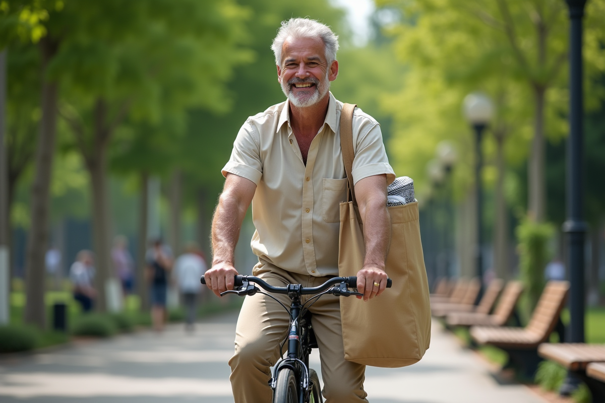 Homme à vélo dans un parc urbain avec sac écologique et vêtements durables