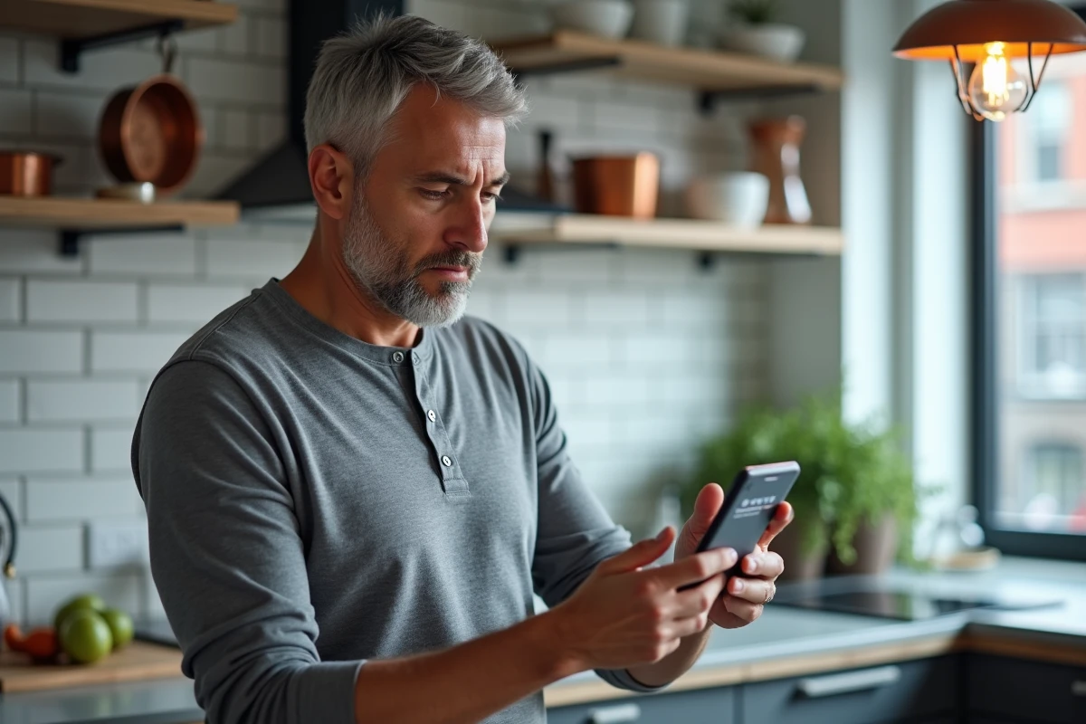 Homme vérifiant des avis en ligne sur smartphone pour identifier des commentaires frauduleux