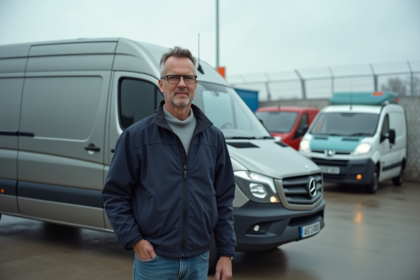 Homme d'âge moyen près d'une camionnette grise en extérieur