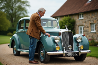 Homme polissant une voiture ancienne en campagne