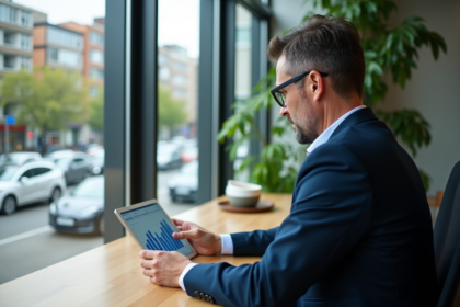 Homme d'affaires examine un graphique de ventes de voitures électriques