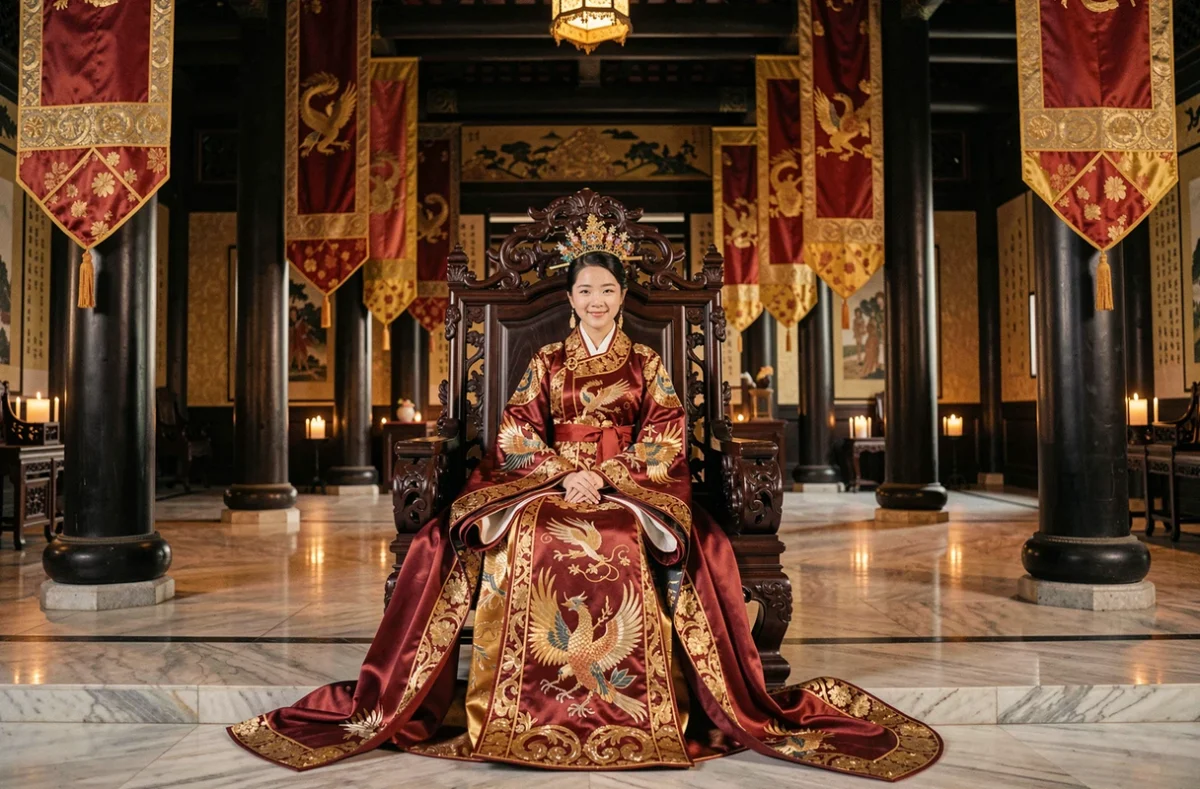 Impératrice en robe hanfu brodée assise sur un trône sculpté, personnage féminin puissant de manhua chinois