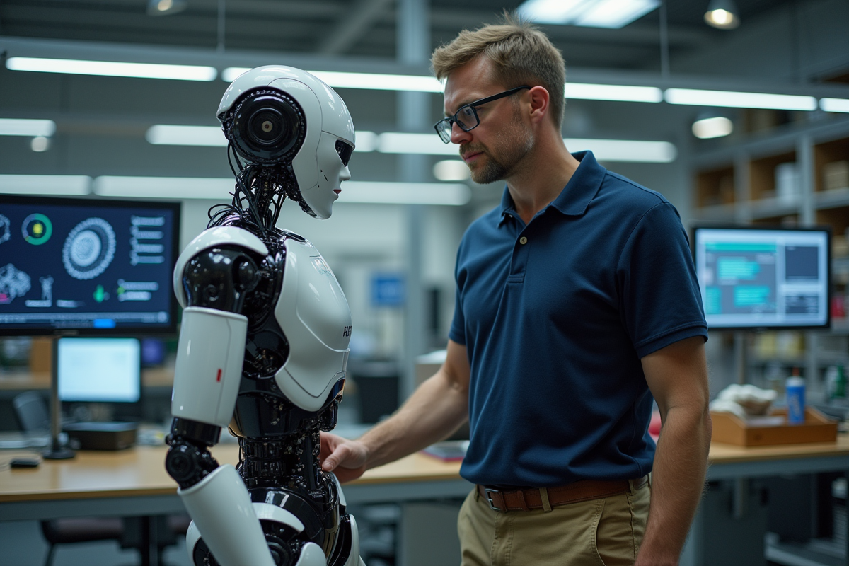 Ingénieur en robotique inspectant un robot humanoide dans un laboratoire
