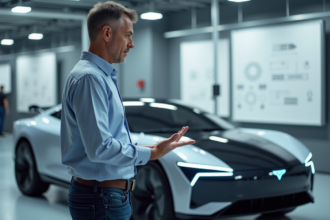 Ingénieur automobile devant un prototype de voiture électrique moderne