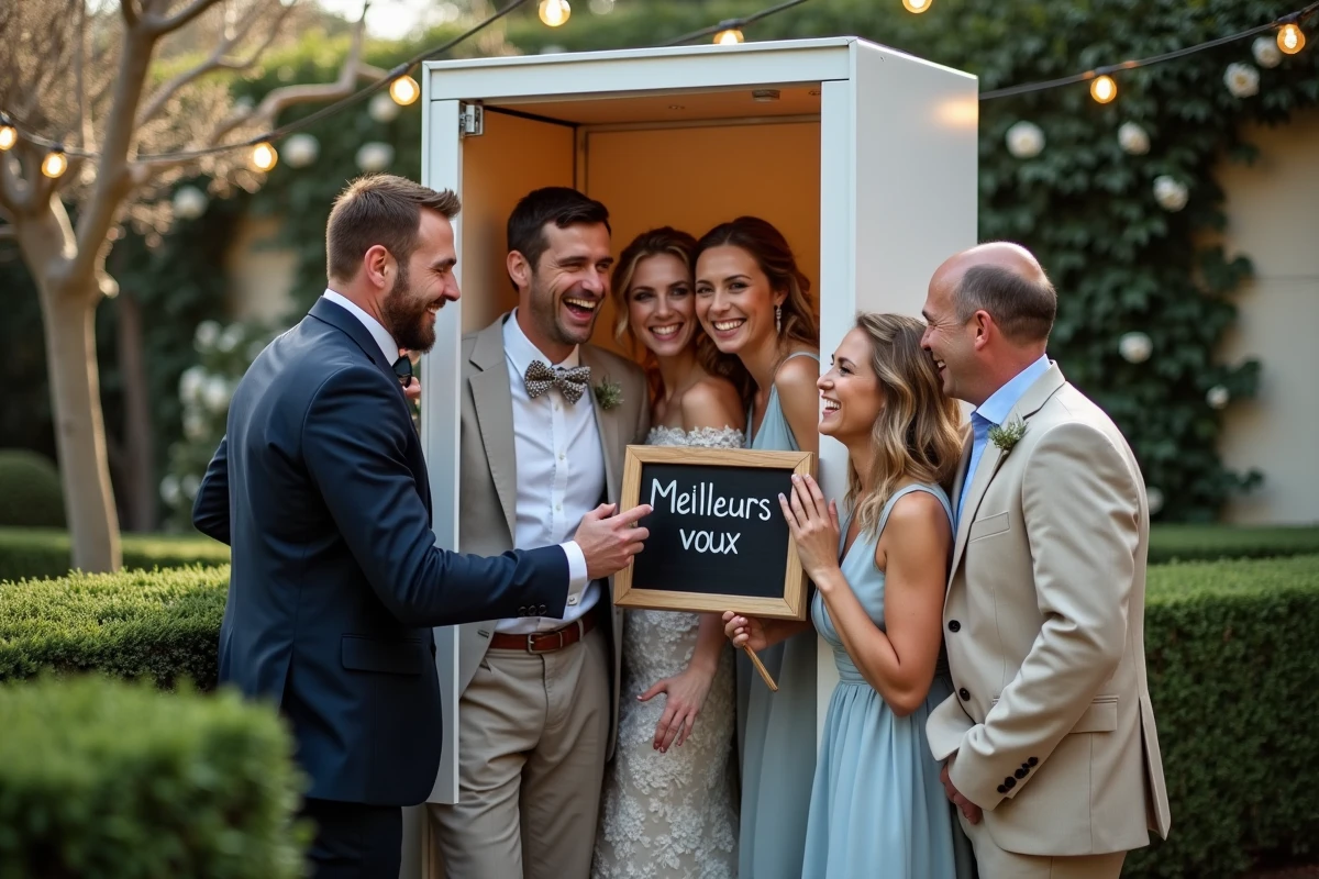 Groupe d'invités de mariage s'amusant autour d'une borne photomaton en location lors d'un cocktail en jardin