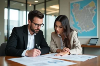 Jeune couple en immobilier examinant des plans et documents