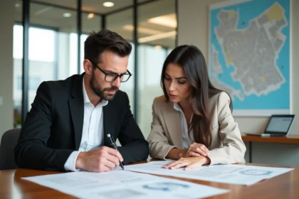 Jeune couple en immobilier examinant des plans et documents