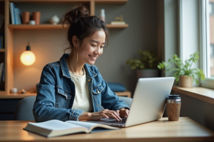 Jeune étudiante assise à son bureau dans une chambre universitaire