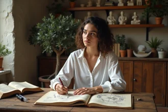 Jeune femme dessinant symboles astrologiques dans un décor ancien