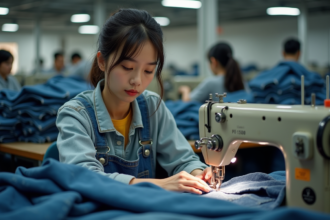 Jeune femme asiatique cousant du denim dans une usine de jeans